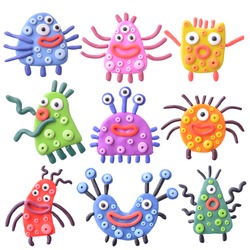 A set of cute, very funny, crazy monsters, germs. Handmade - clay.