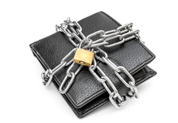 Wallet crossed by metal chain with padlock on white background. Protection money concept. 