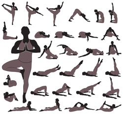 Collection of icons of woman doing yoga and fitness exercises.  Vector silhouettes of  girl stretching and relaxing her body in different yoga poses. Shapes of yoga woman isolated on white background.