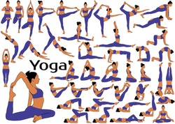 Big set of colored vector silhouettes of slim woman in costume practicing yoga and stretching her body in different poses.Sequence of yoga poses for practice.
