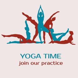 Vector illustration of group of woman practicing yoga in different poses. Yoga shapes for advertising yoga classes and studios.