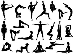 Set of vector silhouettes of woman doing yoga exercises.  Icons of flexible girl stretching her body in different yoga poses. Black shapes of woman isolated on white background.