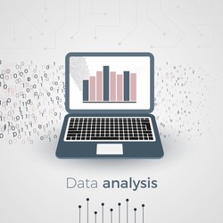 Business concept with laptop showing statistical data analysis process, presented by digital graphs. Financial analysis, statistics. Flow of bytes, processed by computer. Vector illustration.