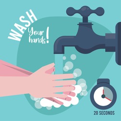 wash your hands campaign poster with water tap vector illustration design