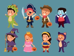 cute little kids dressed as a differents characters vector illustration design