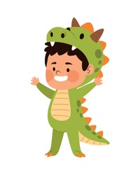 cute little boy dressed as a dinosaur character vector illustration design