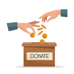 hands depositing coin in a carton box with text banner donate