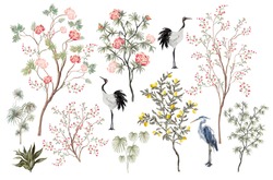 Beautiful exotic chinoiserie set. Hand drawn vintage chinese rose trees, palms, peone flowers, sakura tree, crane bird, heron