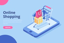 Online shopping isometric concept. Shopping cart with bags standing upon big mobile phone. Flat  vector design isolated on blue  background.
