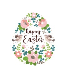 Happy Easter greeting card. Vector illustration of an Easter egg made of pink spring flowers and birds with calligraphic inscription inside. Isolated on white background