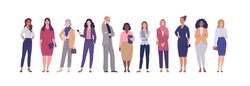 Business women collection. Vector illustration of diverse multinational standing cartoon women in office outfits. Isolated on white.