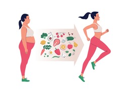 The woman lost weight after the diet. Vector cartoon illustration of a young sad overweight woman and an equally happy running woman with a slim body and healthy food in between. Isolated on white.