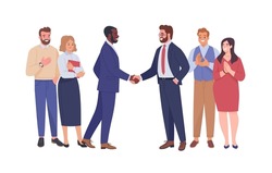 Meeting of two business teams. Vector cartoon illustration of diverse smiling business people, and two bosses shaking hands. Isolated on white