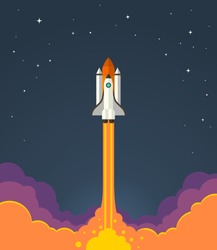 Space rocket launch. Vector illustration of starting space rocket with smoke clouds on dark night sky background. 