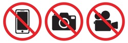 Prohibited symbol sign set , no photography, no video, do not use the phone, prohibit icon logo collection. Vector illustration image. Isolated on white background.