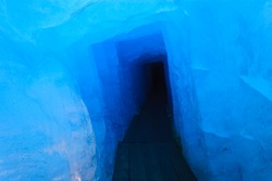 Small Footbridge Inside The Ice Cave on Furka Pass (Eisgrotte am Rhonegletscher), Alps, Valais, Switzerland