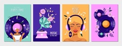 Set of postcards with a woman, gramophone, flowers, vinyl record and headphones. Holliday, party, vacation, disko, happy birthday. Vector templates for card, poster, flyer, banner and other