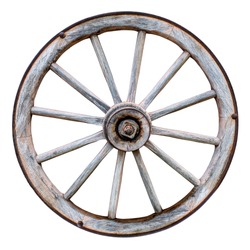 Grungy Old Wooden Wagon Wheel Isolated On A White Background
