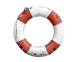 Isolated Grungy Lifebuoy Or Life Preserver With Rope On White Background