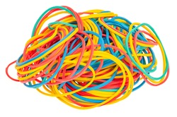 Many colourful multi coloured elastic rubber bands on white background. Studio Photo