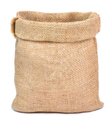 Empty burlap sack or sackcloth bag, isolated on white background. Front view, design element.