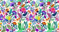 Seamless floral pattern with bright colorful flowers and tropic leaves on a white background. The elegant the template for fashion prints. Modern floral background. Trendy Folk style.