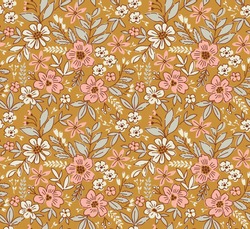 Floral pattern. Pretty flowers on gold  background. Printing with small  flowers. Ditsy print. Seamless vector texture. Spring bouquet.