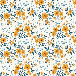 Trendy seamless vector floral pattern. Endless print made of small yellow flowers. Summer and spring motifs. White background. Stock vector illustration.
