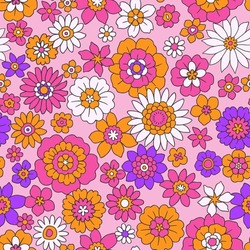 Colorful 60s -70s style retro hand drawn floral pattern. Multicolored flowers. Vintage seamless vector background. Hippie style, print  for fabric, swimsuit, fashion prints and surface design. Stock.