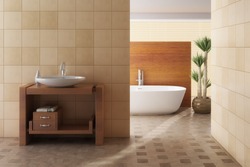Brown bathroom including bath and sink, 3d render