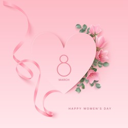 Happy women's day background with ribbon, pink campanula flowers, eucalyptus leaves under paper cut hearts on a pink backdrop