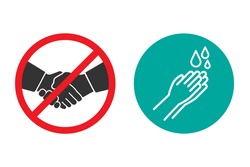 No handshake and hand washing icons in a flat design