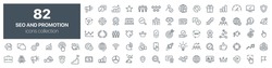 SEO and promotion line icons collection. Big UI icon set. Thin outline icons pack. Vector illustration eps10