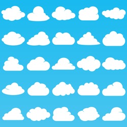 Cloud vector icon set white color on blue background. Sky flat illustration collection for web, art and app design. Different nature cloudscape weather symbols.