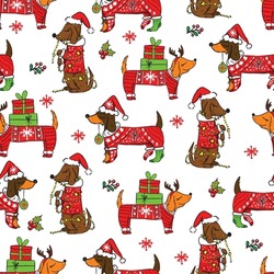 Christmas dachshund pattern. Bright seamless new year pattern. For textiles, baby clothes and prints
