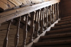 old wooden staircase railing. handrails, balusters and stair old wooden stairs