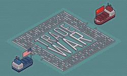 Business/Financial Concept - Container Ships with America and China Flag Entering the Maze with Trade War Text - Vector Illustration
