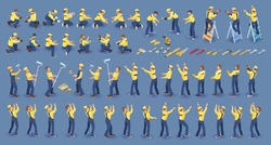 Set of isometric Workers. Repairers in overall, various poses, standing, working. Builder Isolated on blue. Collection with construction workers team. Masters, tools. Vector flat 3D isometric set.
