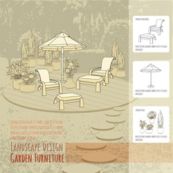 Vector illustration of hand drawn lounge chairs under patio umbrella and flowers in pot. Garden accessory on beige  background. Landscape design. Summer backyard with outdoor furniture. Rest area.
