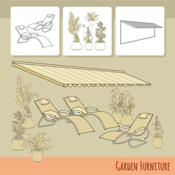 Vector illustration of hand drawn lounge chairs under patio awning and flowers in pot. Garden accessory on beige  background. Landscape design. Summer backyard with outdoor furniture. Rest area.