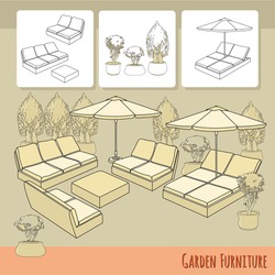 Vector illustration of hand drawn lounge chairs under patio umbrella and flowers in pot. Garden accessory on beige  background. Landscape design. Summer backyard with outdoor furniture. Rest area.