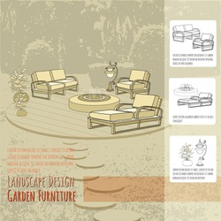 Vector illustration of hand drawn lounge chairs, lantern,  fountain and flowers in pot. Garden accessory on beige  background. Landscape design. Summer backyard with outdoor furniture. Rest area.