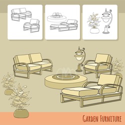 Vector illustration of hand drawn lounge chairs, lantern,  fountain and flowers in pot. Garden accessory on beige  background. Landscape design. Summer backyard with outdoor furniture. Rest area.
