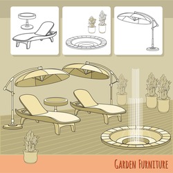Vector illustration of hand drawn lounge chairs, umbrella,  fountain and flowers in pot. Garden accessory on beige  background. Landscape design. Summer backyard with outdoor furniture. Rest area.
