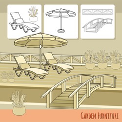 Vector illustration of hand drawn lounge chairs, umbrella,  bridge and flowers in pot. Garden accessory on beige  background. Landscape design. Summer backyard with outdoor furniture. Rest area.