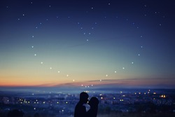 Valentine Day. Silhouette of couple against background of night city, stars and horizon. Concept first love