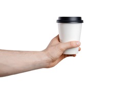 Mock up. Paper cup of coffee in hand. White box on Isolated