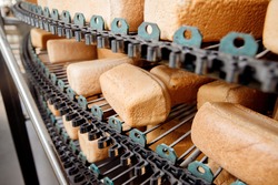 Closeup Square fresh bread cools down on conveyor automatic production line bakery after stone oven.