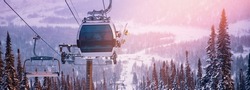 Banner Landscape mountain ski lift resort in winter forest sunset, aerial top view Kemerovo region Russia.