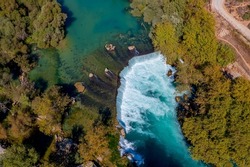 Aerial top view Manavgat waterfall Antalya, Turkey drone photo.
